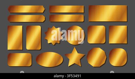 Golden badges set. Geometric form tickets with money texture for lottery cards, sale coupons, scratchcard templates Stock Vector
