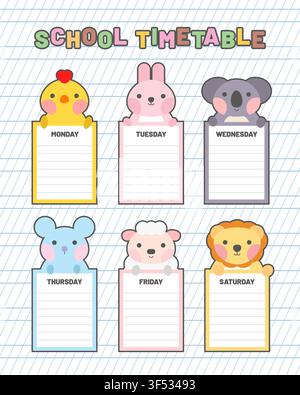 Cute school timetable for kids, kindergartens and elementary grades. Funny animals on weekly planner Monday to Saturday Stock Vector