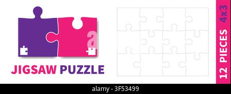Detailed various shapes puzzle grid. Jigsaw puzzle blank template. 4x3 shapes, 12 pieces. Separate matching puzzle elements. Vector illustration Stock Vector