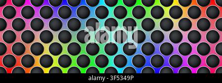 Rainbow gradient seamless perforated metal sheet realistic texture. Metal chrome grill plate with round holes. Modern design carbon radiator bg. Macro Stock Vector
