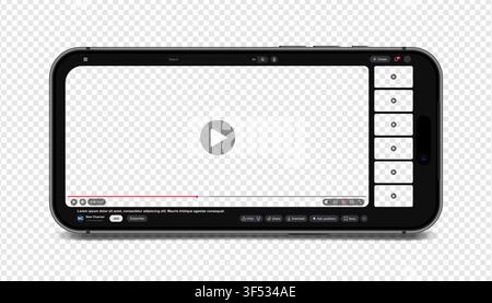 Video player template with side playlist night dark mode for web and mobile apps on smartphone screen display isolated on transparent background. Vect Stock Vector
