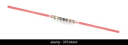 New realistic design flame rred neon two sided sword isolated on white background. Close combat energy weapon. Vector illustration Stock Vector