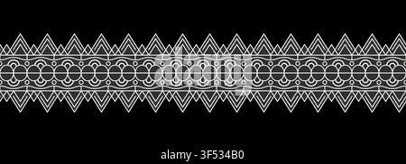 Seamless realistic textured lace border pattern isolated on black. Vintage crochet embroidery frame. Classic ornament border trim ribbon line. Vector Stock Vector