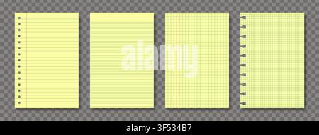 Yellow legal A4 note paper pad sheet collection 4 in 1. Paper notebook legal memo set lined and checkered paper blank layout template. Grid lines chec Stock Vector