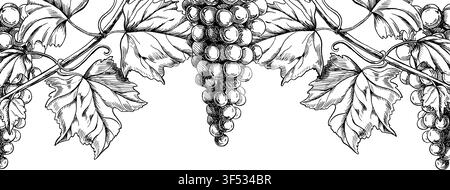 A grape vine hanging from above in a rectangular frame. This vector illustration is perfect for wine labels, restaurant menus, invitations, and Stock Vector