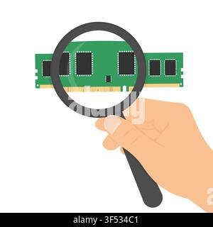 Hand Inspecting RAM Stick with Magnifying Glass - Quality Control Vector Illustration Stock Vector