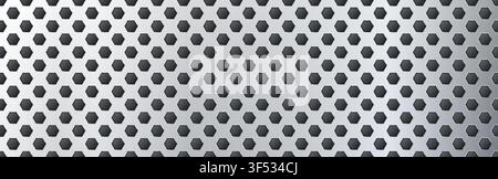 Gray seamless perforated metal sheet realistic texture. Metal chrome grill plate with hexagon holes. Modern design carbon radiator bg. Macro speaker r Stock Vector