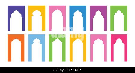 Collection of traditional Islamic gate shapes. Arabic architecture colorful frame set Stock Vector