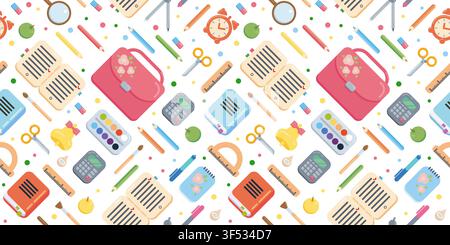 Seamless pattern with school supplies on white background. Back to school concept texture Stock Vector