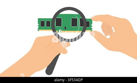 Hands Inspecting RAM with Magnifying Glass - Hardware Quality Control Vector Illustration Stock Vector