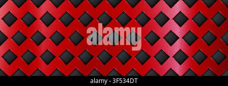 Red seamless perforated metal sheet realistic texture. Metal chrome grill plate with rhombus holes. Modern design carbon radiator bg. Macro speaker ra Stock Vector