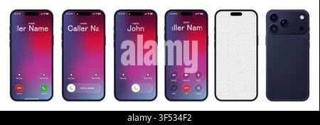 Photorealistic modern blue phone with basic call IU mockup with purple background isolated. Empty screen. Glassmorphism style template design. Vector Stock Vector