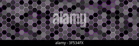 Hexagonal wide cyberpunk pink technology background. Bright geometric science pattern with glowing hexagons cells. Abstract grid science pattern. Vect Stock Vector