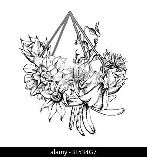 Tropical blossoms, cacti and vines with succulent rosettes inside silver diamond frame planter. Fine vector illustration hand drawn in ink. Interior Stock Vector