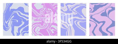 Trendy colorful marble texture poster collection. Liquid wavy lines cover set. Stock Vector