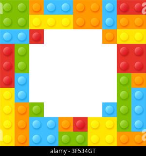 Colored big plastic toy blocks background. Square frame design template made of plastic parts. Bricks round border. Stock Vector