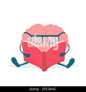 Cute Brain Character Reading Book Sitting Over White Background, Illustration Stock Vector
