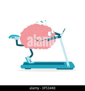 Overworked Brain Training Running On Treadmill On White Background, Illustration Stock Vector