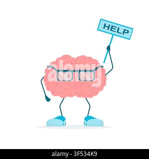 Brain Character Holding Sign Help Standing On White Background, Illustration Stock Vector