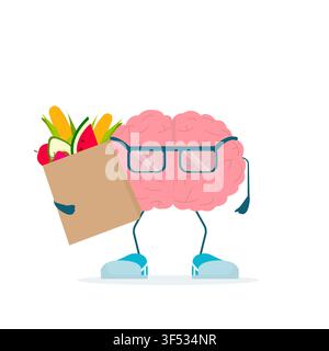 Brain Character Holding Grocery Shopping Bag With Vegetables, White Background Stock Vector