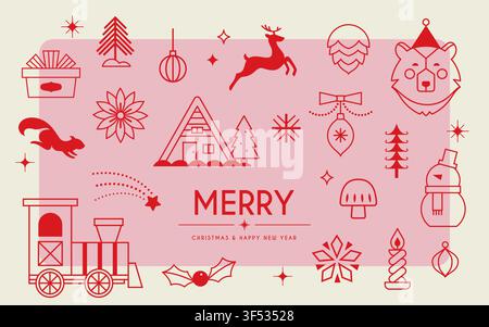 Merry Christmas and Happy New Year vector illustration with red color Christmas elements on pink background. Stock Vector