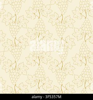 Luxury seamless pattern with golden linear grape clusters and elegant vine leaves on a premium cream background for high-end wine branding, boutique winery identity and upscale packaging. Vector illustration Stock Vector
