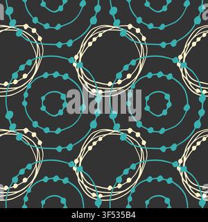 Seamless abstract pattern with turquoise and beige hand drawn circles and beaded lines on a dark grey background for modern home textiles, trendy apparel and wrapping paper. Vector illustration Stock Vector