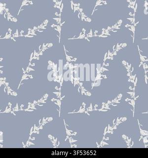 Seamless botanical pattern with elegant white wild flower branches on a dusty blue background for vintage textile design, nursery decor and elegant gift wrapping. Vector illustration Stock Vector