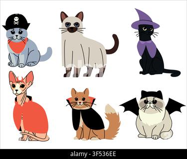 Cute illustrated cats wearing Halloween costumes, including pirate, ghost, witch, devil, vampire, and bat outfits, isolated on a white background. Stock Vector