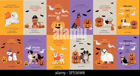 Set of twelve Halloween party invitation templates featuring cute dogs in spooky costumes, pumpkins, ghosts, bats, skulls and festive lettering in Stock Vector