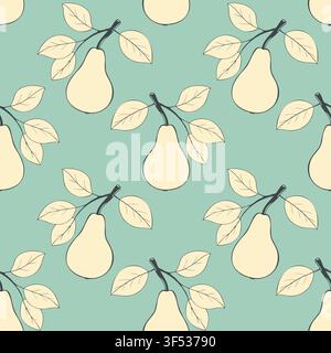 Seamless pattern with pale yellow pears and linear leaves on a soft mint green background for kitchen textiles, summer apparel and organic food packaging. Vector illustration Stock Vector