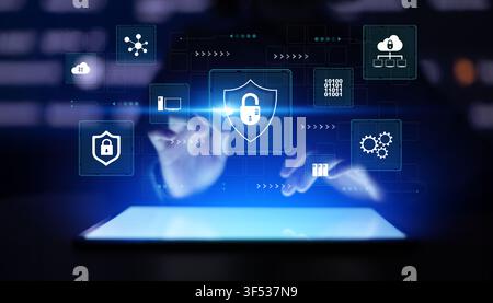 Cybersecurity risk management system for enterprise data protection with cloud and network security features Stock Photo