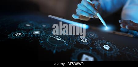 Artificial intelligence platform for business automation with touchscreen interaction and digital workflow icons Stock Photo