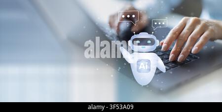 AI artificial intelligence system for business communication with user typing on a laptop keyboard Stock Photo