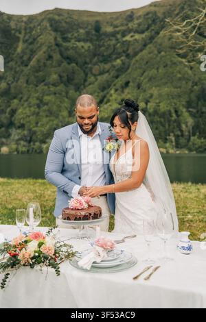 Happy newlywed couple cutting their wedding cake together Stock Photo