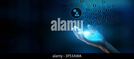 Social network connection system for business communication and professional networking with human hand Stock Photo