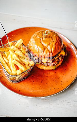 Gourmet cheeseburger with fries on an orange plate Stock Photo