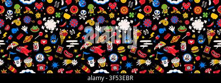 Cartoon pattern with pop art food and doodles Stock Vector