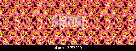 Asian seamless pattern with smiling tiger faces on pink background. Cartoon tiger illustration with tropical leaves for fabric and wrapping paper Stock Vector