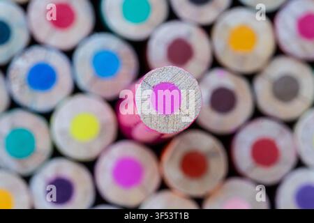 One pink pencil pushed forward against blurred colored leads. Concept of leadership, individuality. Stock Photo