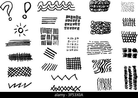A collection of hand-drawn vector doodle textures and patterns. Features squiggles, lines, zigzags, crosshatches, stippling, and various geometric mot Stock Vector