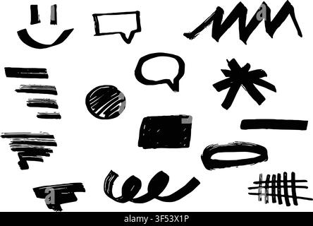 Set of black hand drawn design elements on white background. Collection of grunge shapes, brush strokes, underlines, zigzags, speech bubbles, smiley Stock Vector