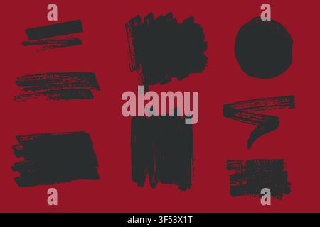 A vector set of dark hand drawn brush strokes and graphic elements on a red background. Features various textures, shapes, and rough lines Stock Vector