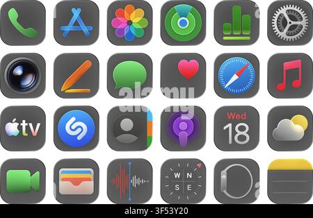 Apple iOs 26 Liquid Glass detailed icon pack: TV, Shazam, Podcasts, Notes, Music, Pages, iMessage, Health, Safari, Settings, App Store, Numbers and ot Stock Vector