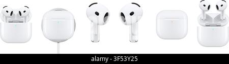 Apple AirPods 4 with Active Noise Cancellation, charging case and MagSafe Charger mockup. Front view isolated on transparent bg. Vector editorial png Stock Vector