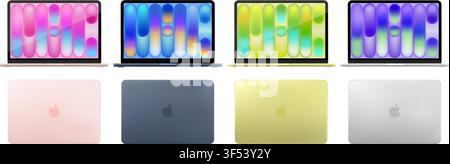 New Apple Macbook NEO 2026 lineup: Silver, Blush, Citrus, and Indigo colors. Top and front view isolated. Vector editorial png Stock Vector