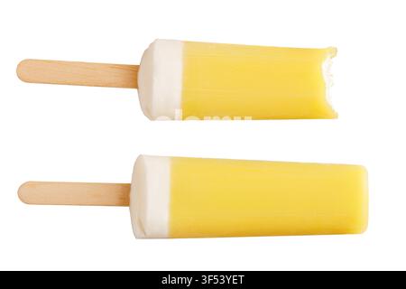 Ice cream on a stick with a bite mark isolated on a white background. Ice cream or fruit ice isolated on a white background Stock Photo