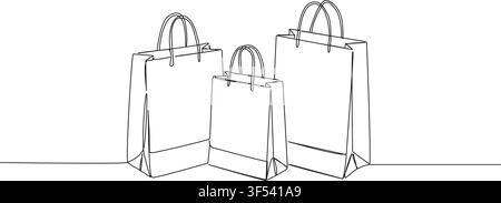 continuous line drawing of three paper shopping bags. minimalist retail, e-commerce, shopping, sale, and eco-friendly branding concept. line art Stock Vector
