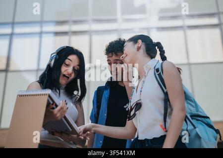 Three students studying together on campus sharing notes and a tablet while laughing and collaborating Stock Photo