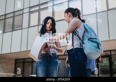 Two students studying together outside a modern university building, reviewing papers and notes Stock Photo